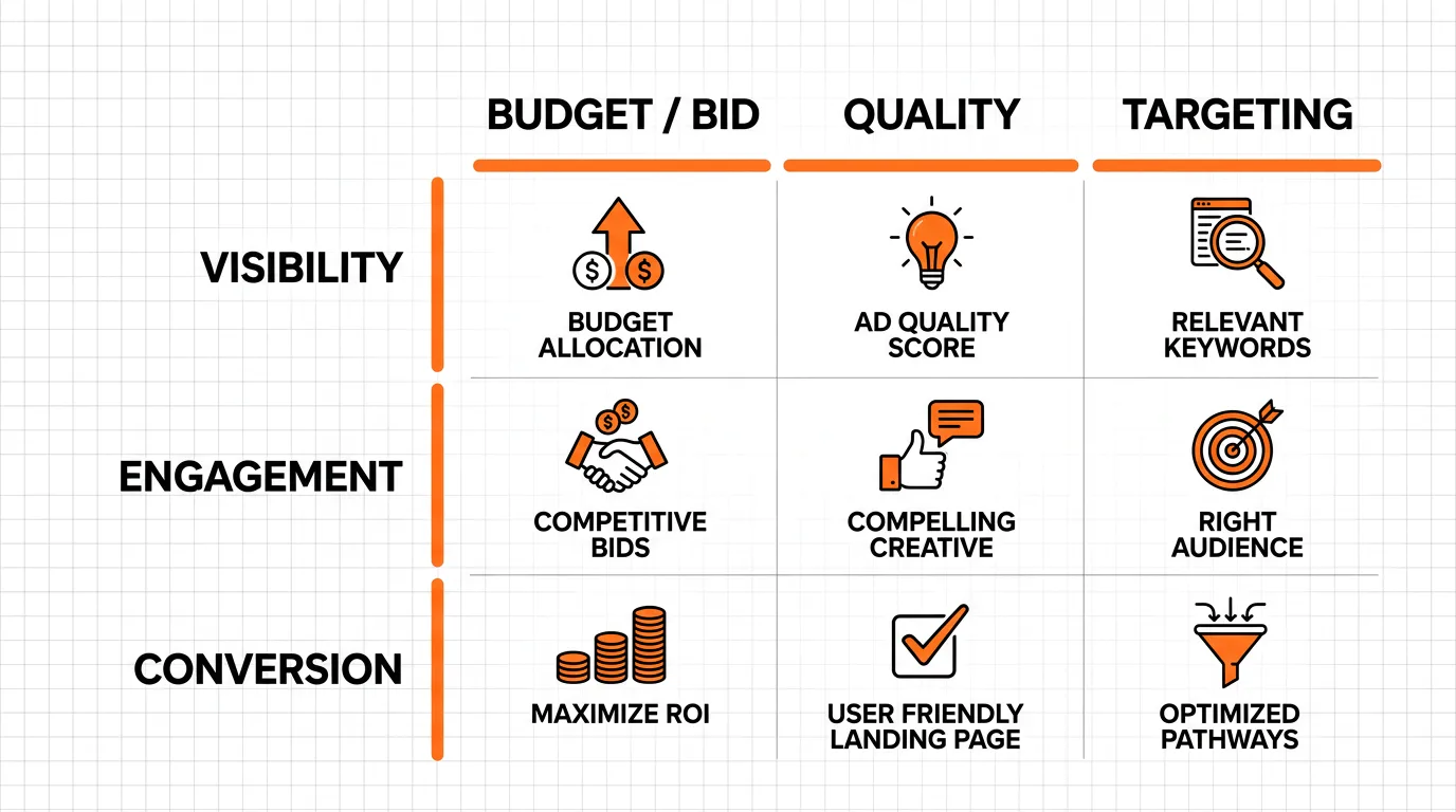 Google Ads optimization matrix for diagnosing visibility, engagement, and conversion problems across budget, quality, and targeting