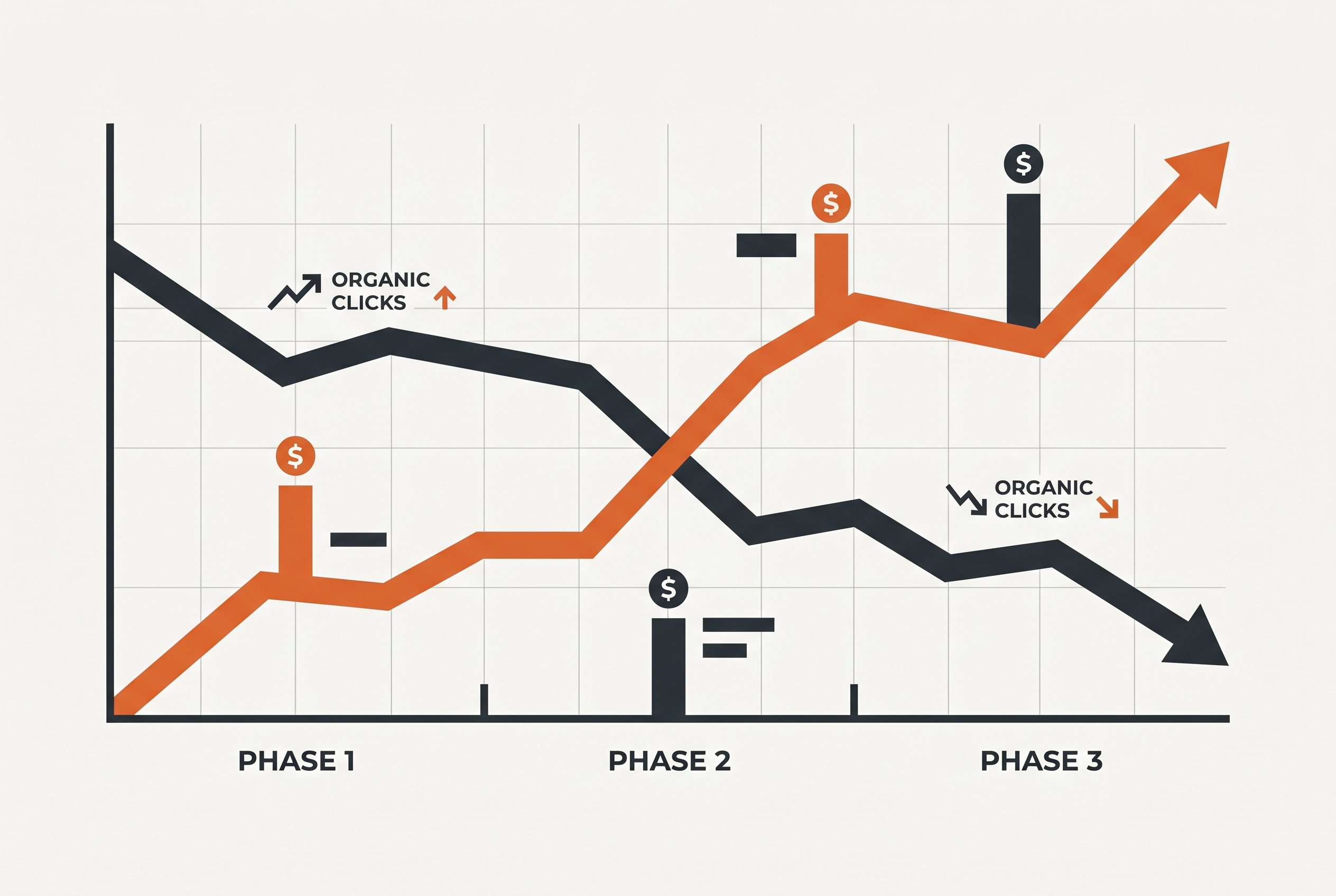 Line chart concept showing paid ad spend rising while organic clicks fall across three test phases, in TNT Growth burnt-orange and charcoal