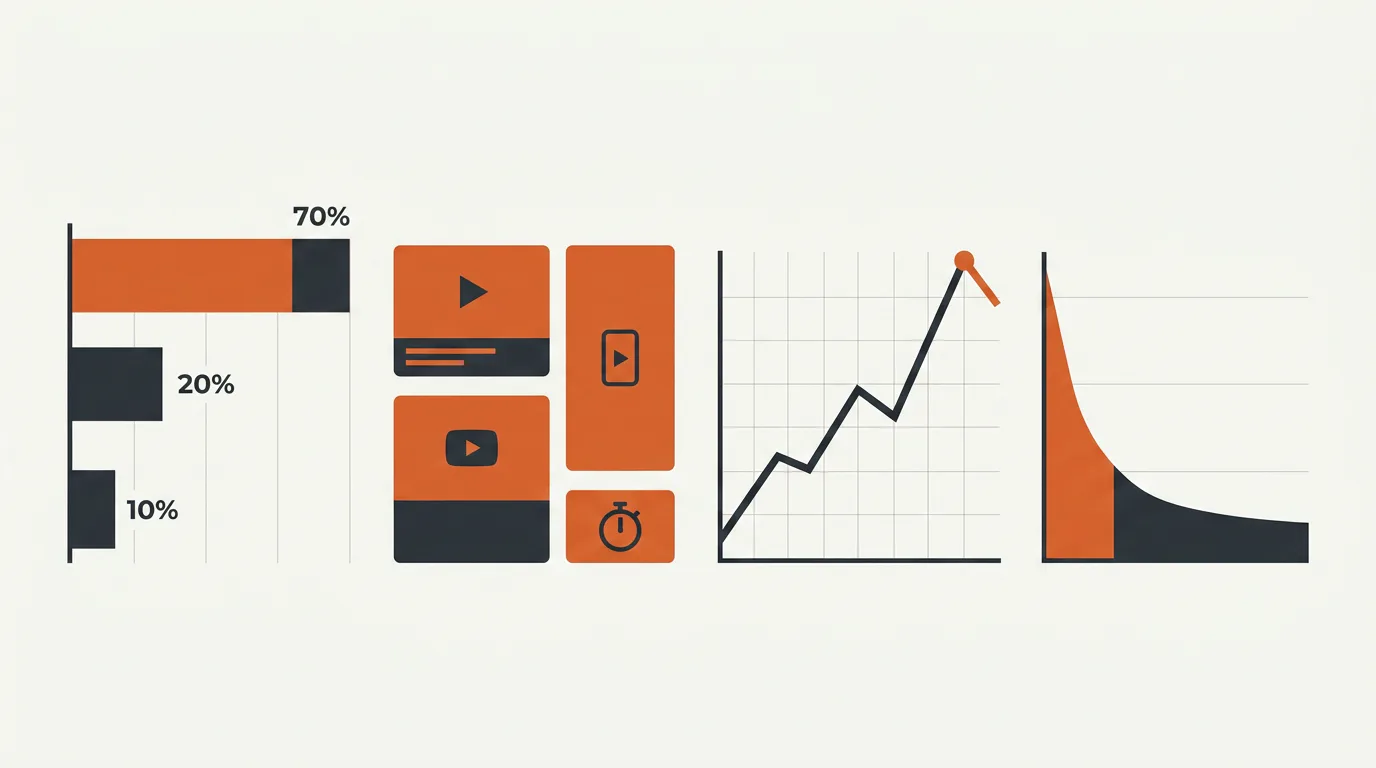 YouTube ads benchmarks showing a 70-20-10 creative budget split, video formats, view-rate trends, and early-hook retention