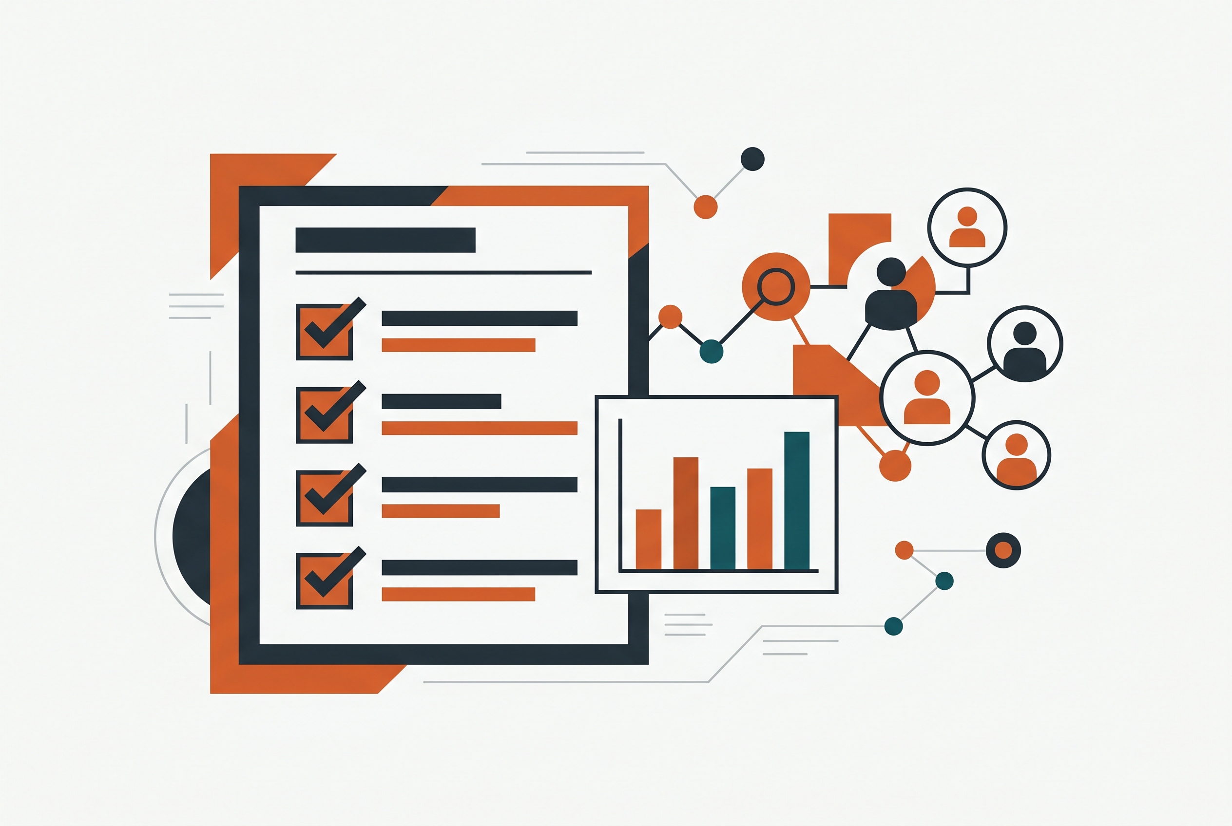 Editorial illustration of a Google Demand Gen launch checklist with checkmarks, a bar chart, and audience-segment icons in TNT Growth burnt-orange and charcoal