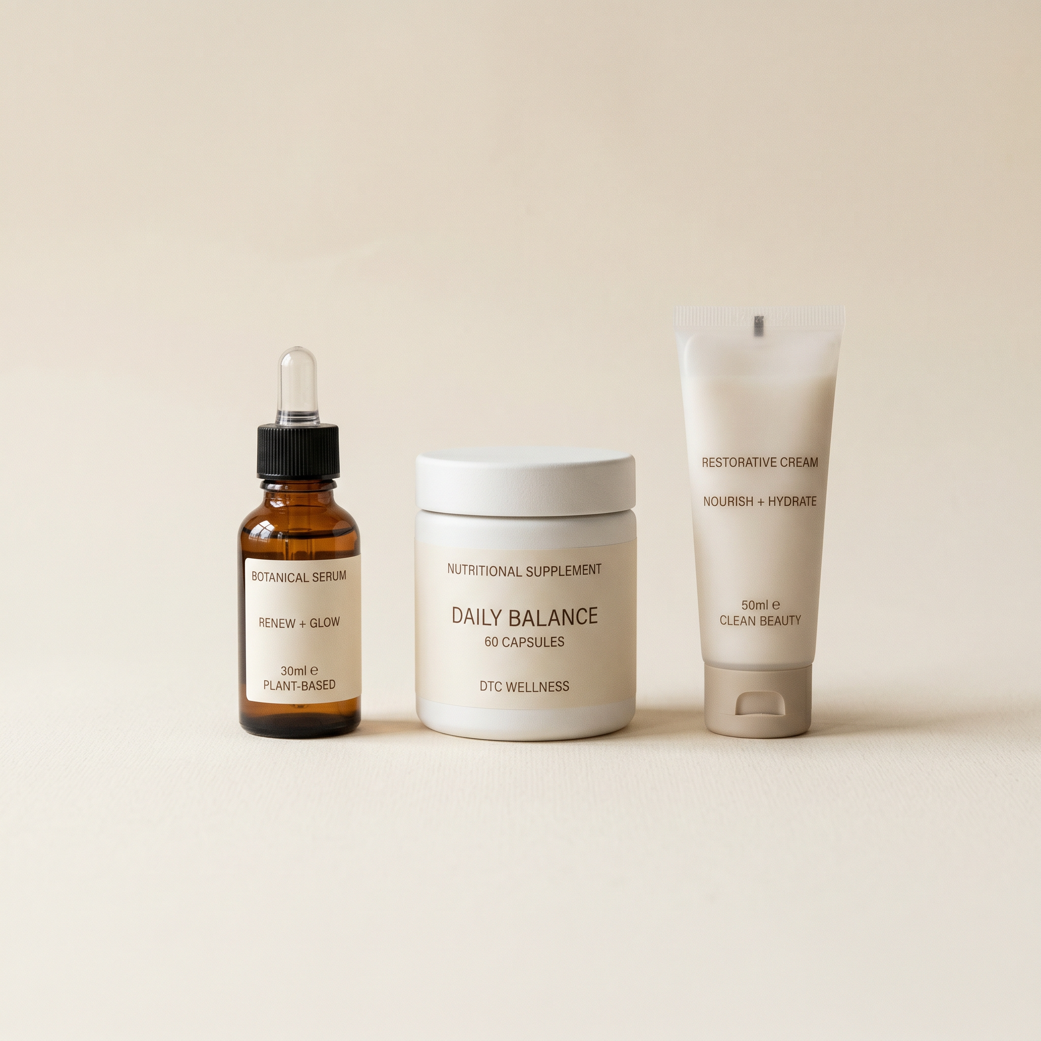 A skincare serum, a supplement jar, and a cream tube — DTC wellness products AI assistants field buyer questions about.