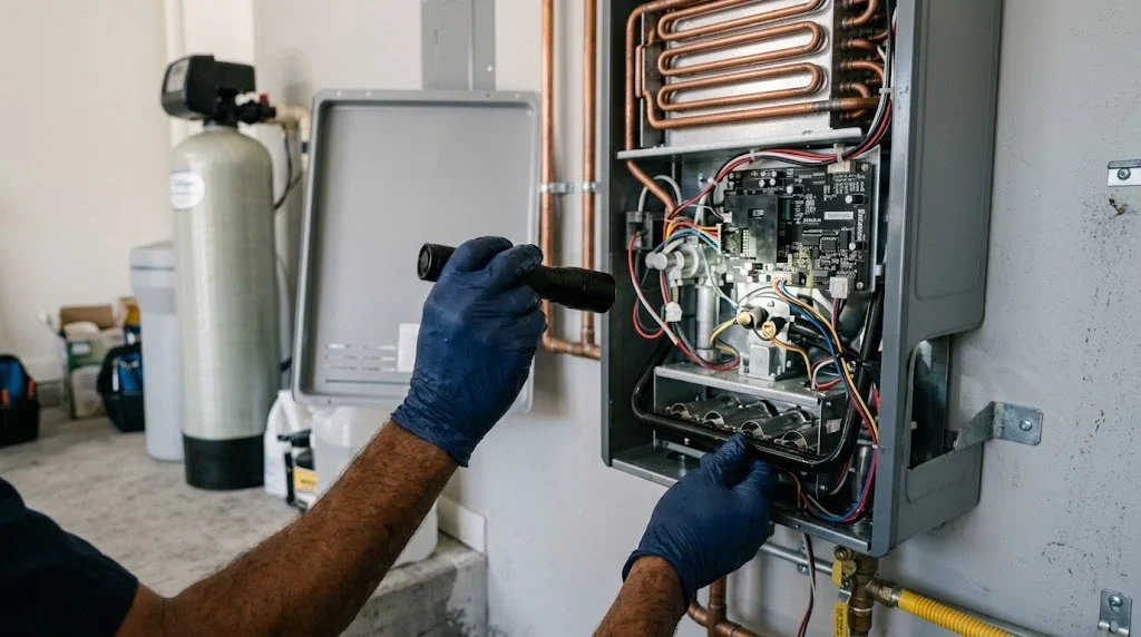 Technician inspecting the inside of a tankless water heater