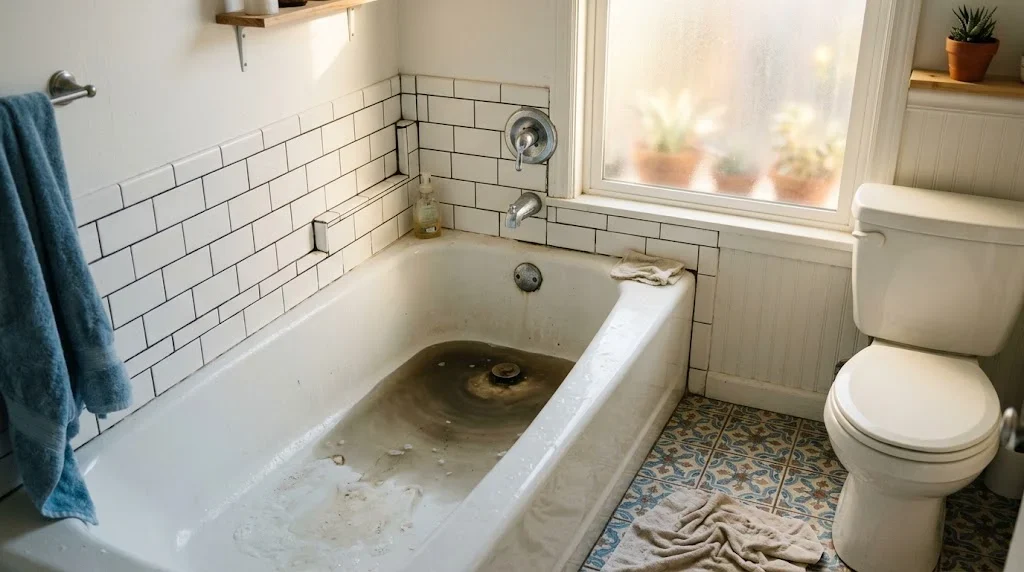 Standing wastewater in a bathtub beside a toilet
