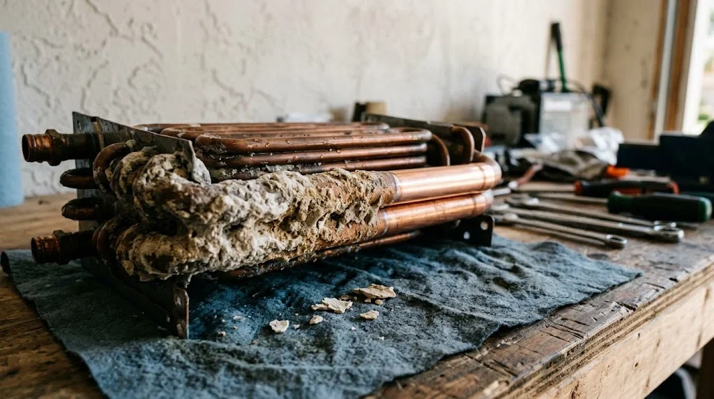 Mineral scale covering a water heater heat exchanger