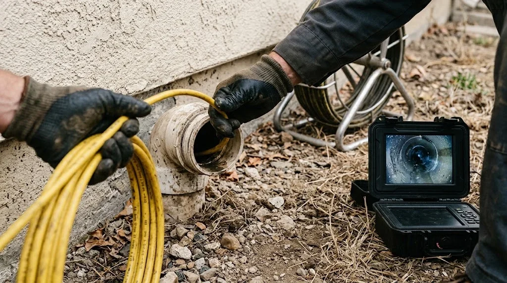 Technician feeding a sewer inspection camera into a cleanout