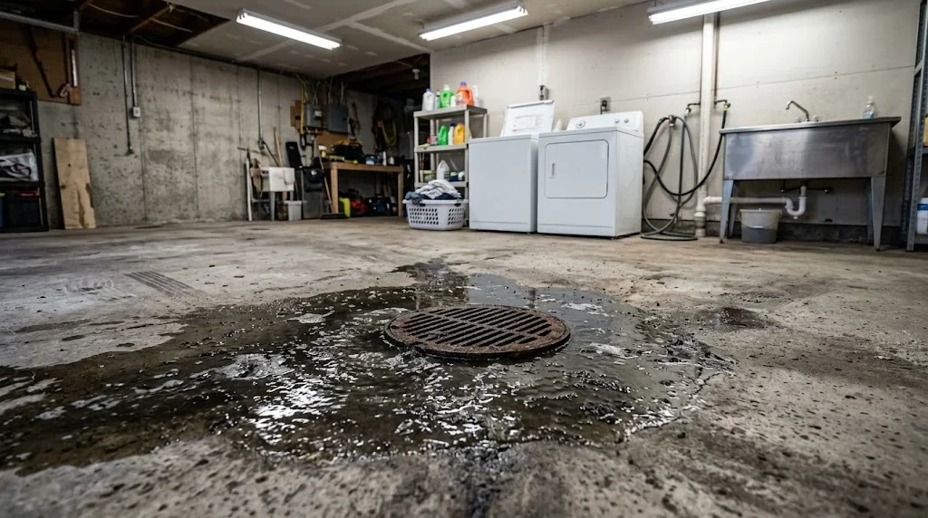Wastewater backing up around a basement floor drain
