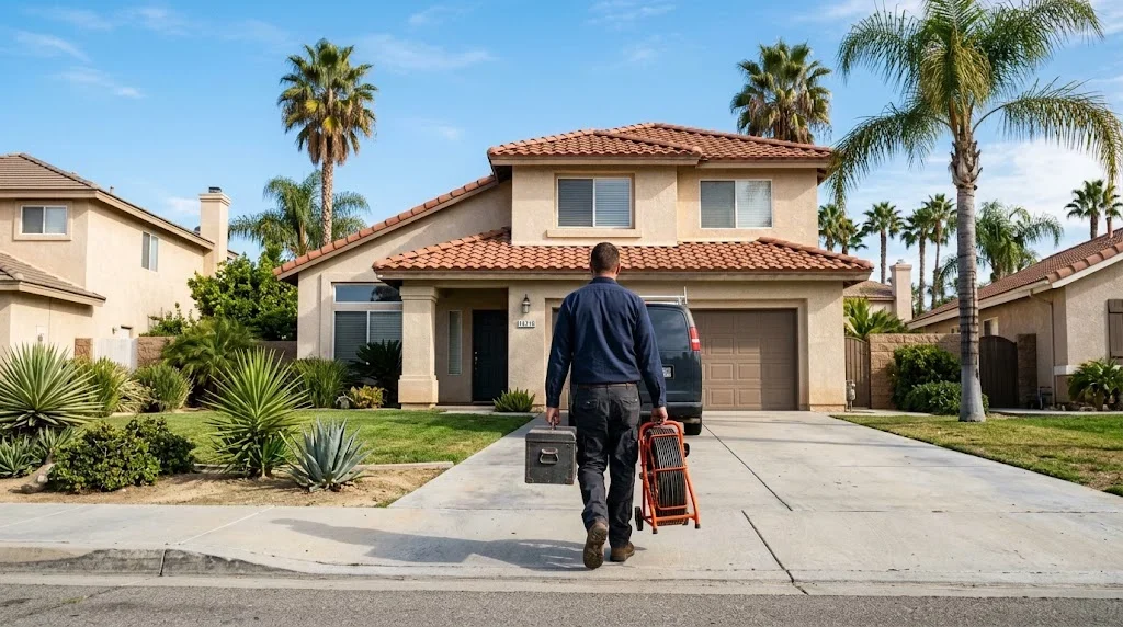 Technician carrying inspection equipment toward a home