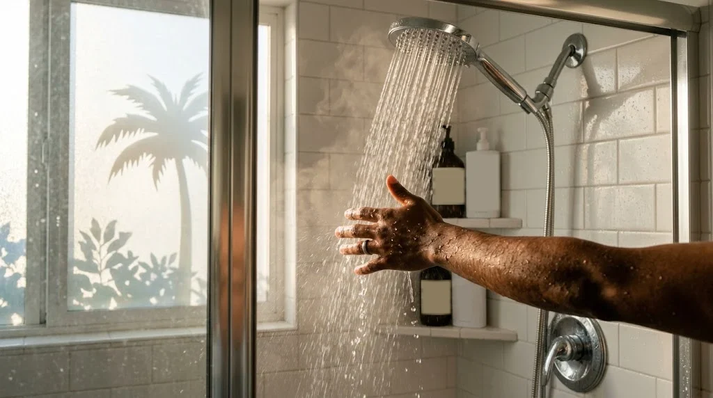 Hand testing the water temperature under a running shower