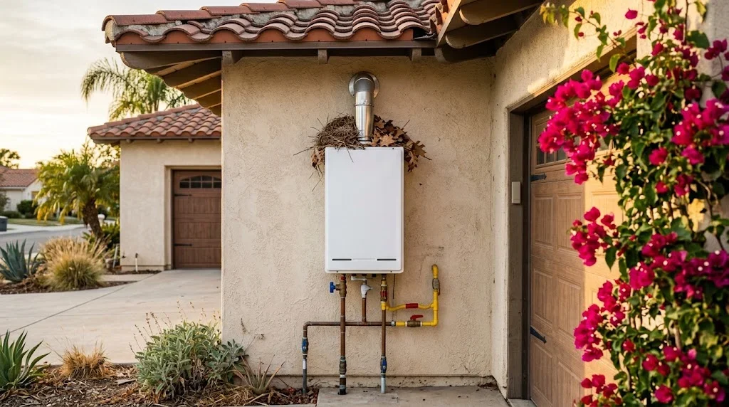 Outdoor tankless water heater with debris near its vent