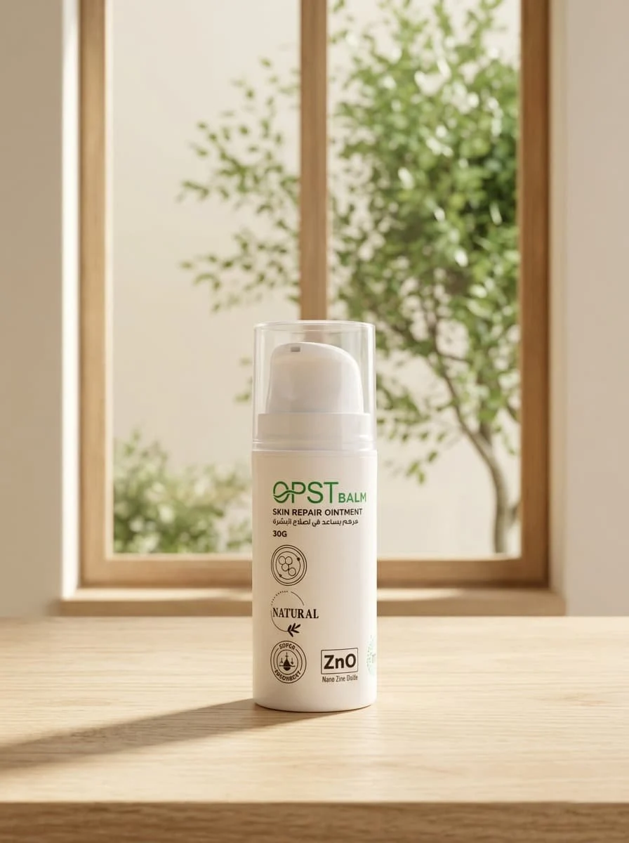 OPST Balm skin repair ointment pump bottle on a wooden table