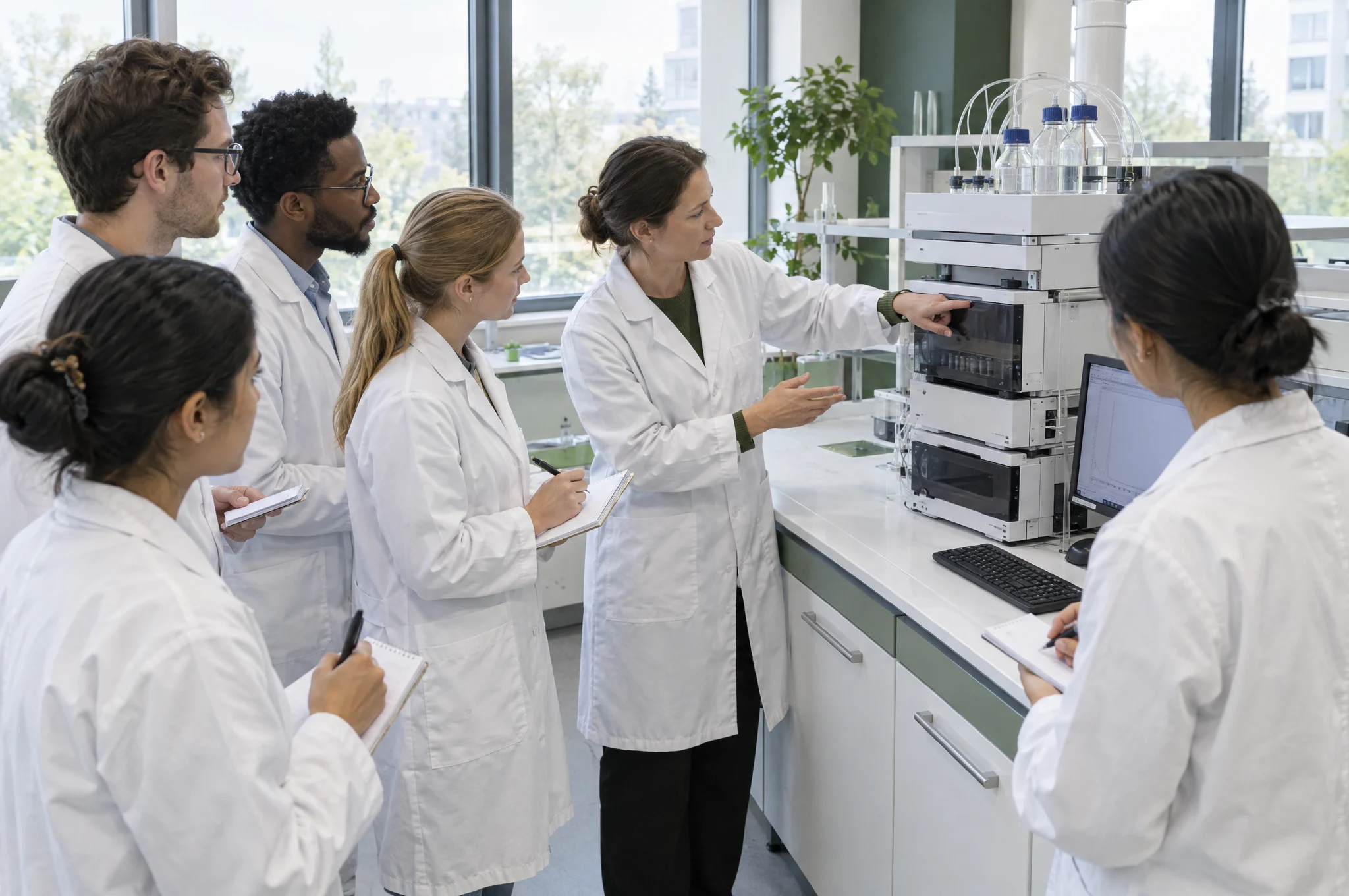 Trainer demonstrating an HPLC instrument to a group of lab staff
