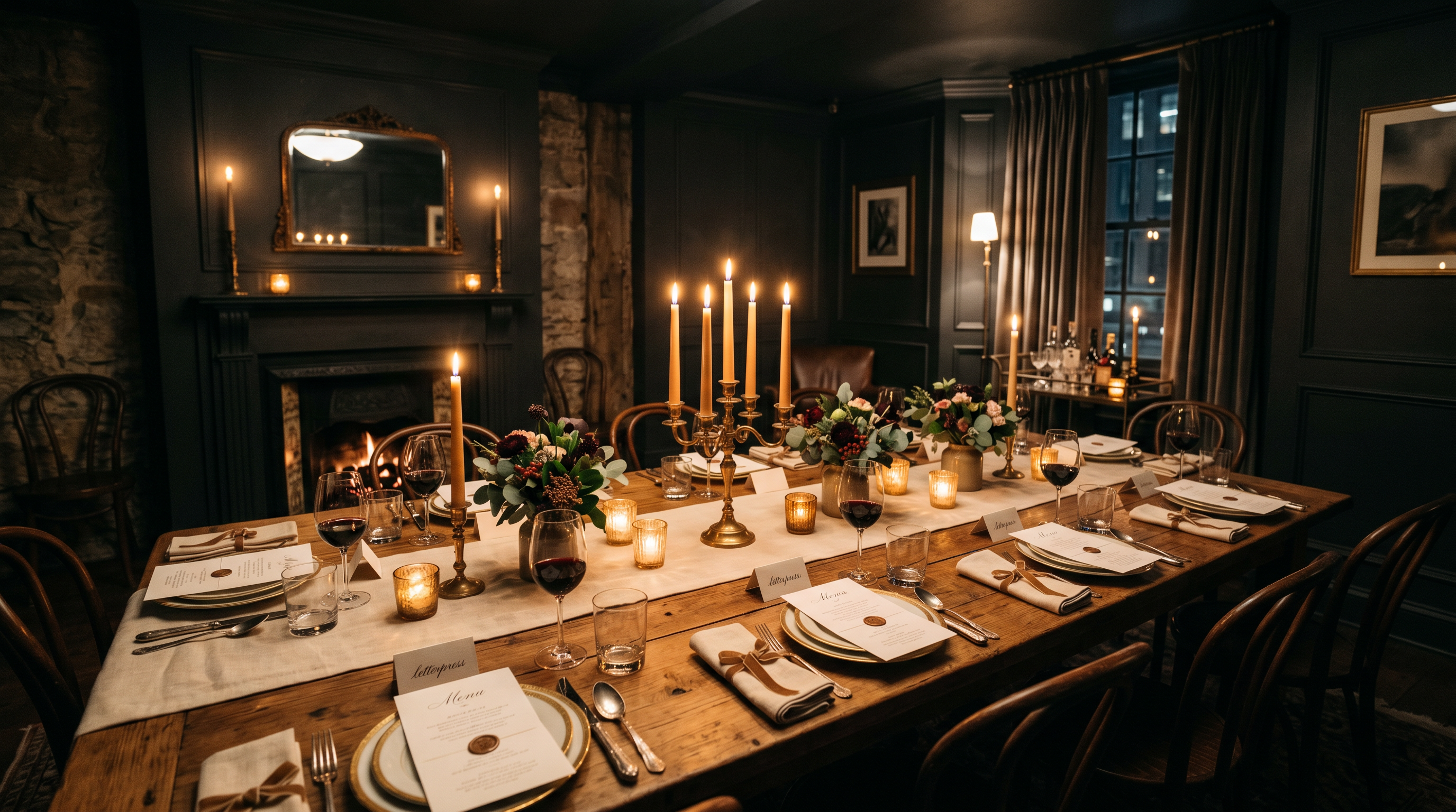 A candlelit Intended table set for eight in an intimate private dining room