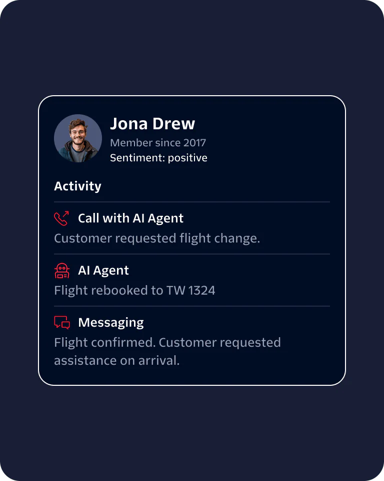 Customer Interaction with AI Agent Profile of a customer interacting with AI agent for flight change and confirmation.