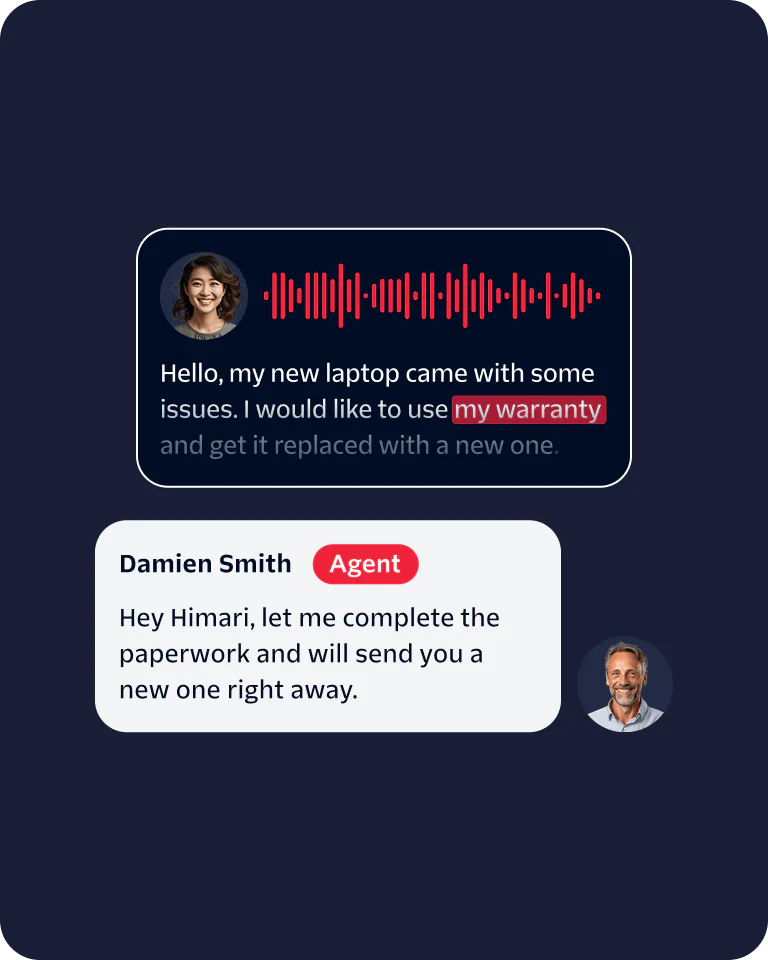 Customer Support Chat Resolving Laptop Warranty Issue Chat interface where a customer reports a laptop issue and a support agent processes a warranty replacement.