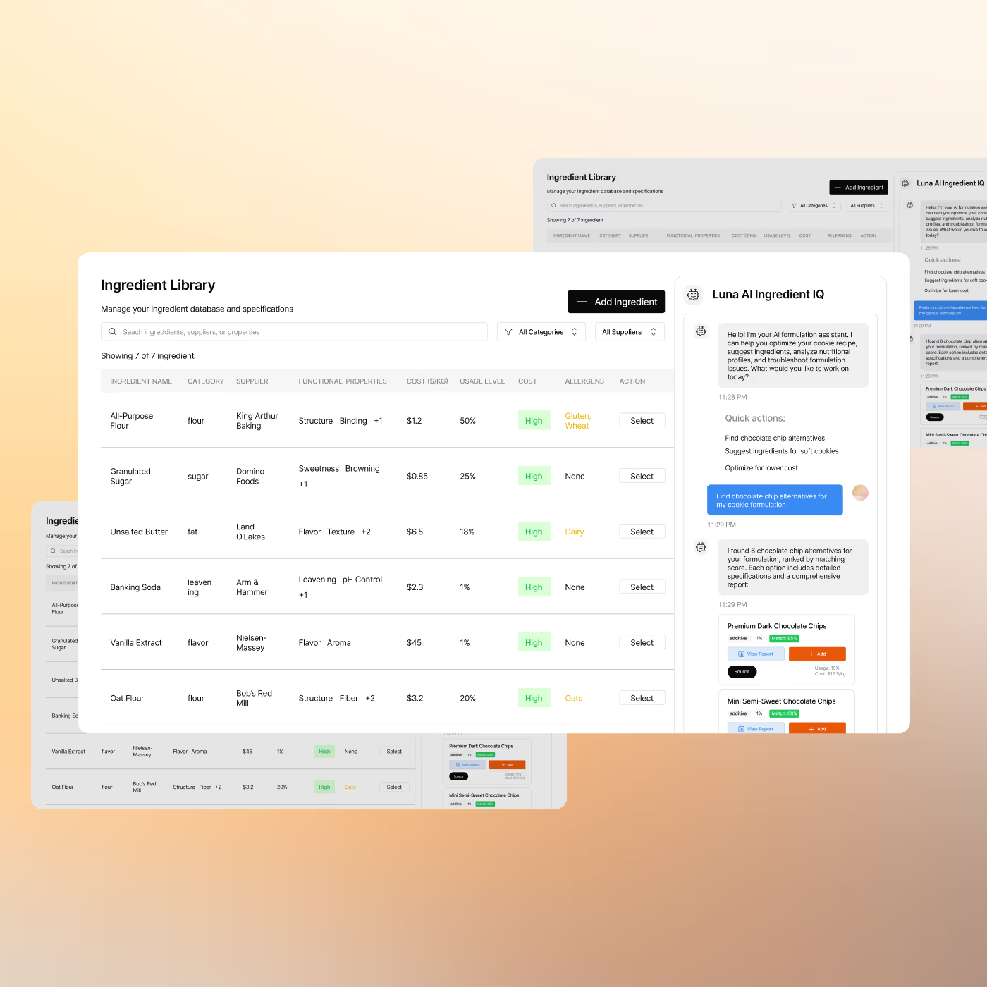 Luna OptimizerIQ ingredient library and AI formulation assistant