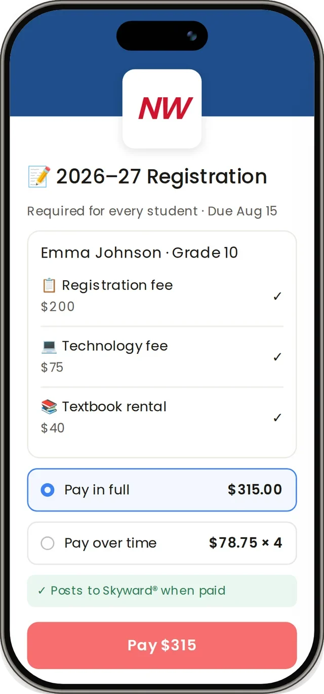Omella student registration fee page on a phone