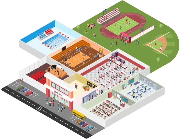 Illustration of a school collecting money across its gym, track, cafeteria, classrooms and auditorium