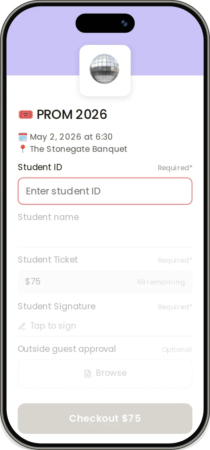 Omella prom ticket page on a phone