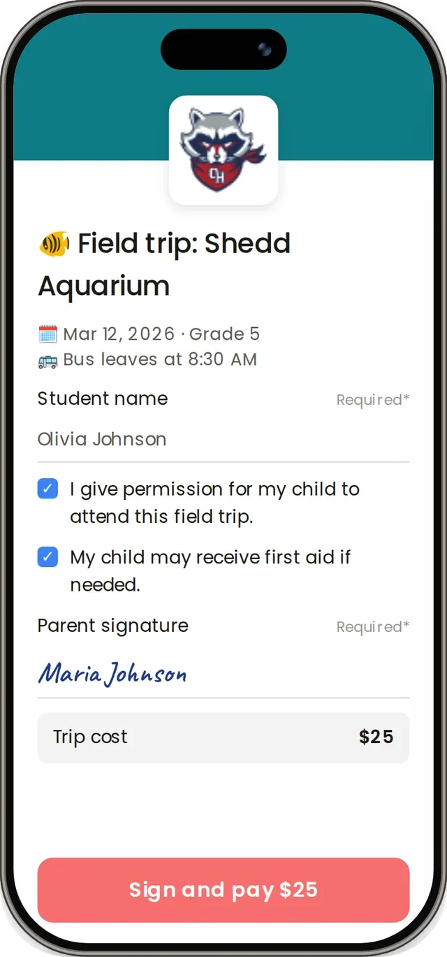 Omella permission slip with signature on a phone