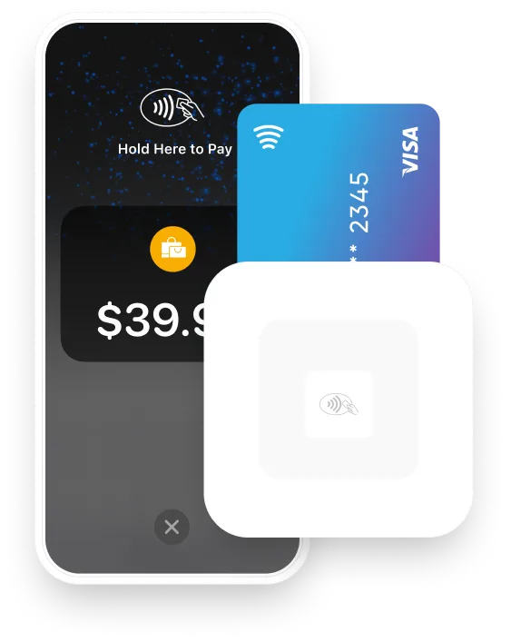 Phone showing Hold Here to Pay with a card tapping an Omella card reader
