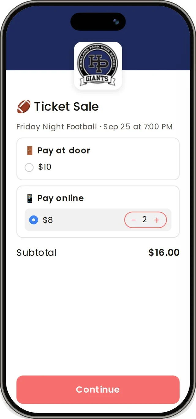 Omella football game ticket page on a phone