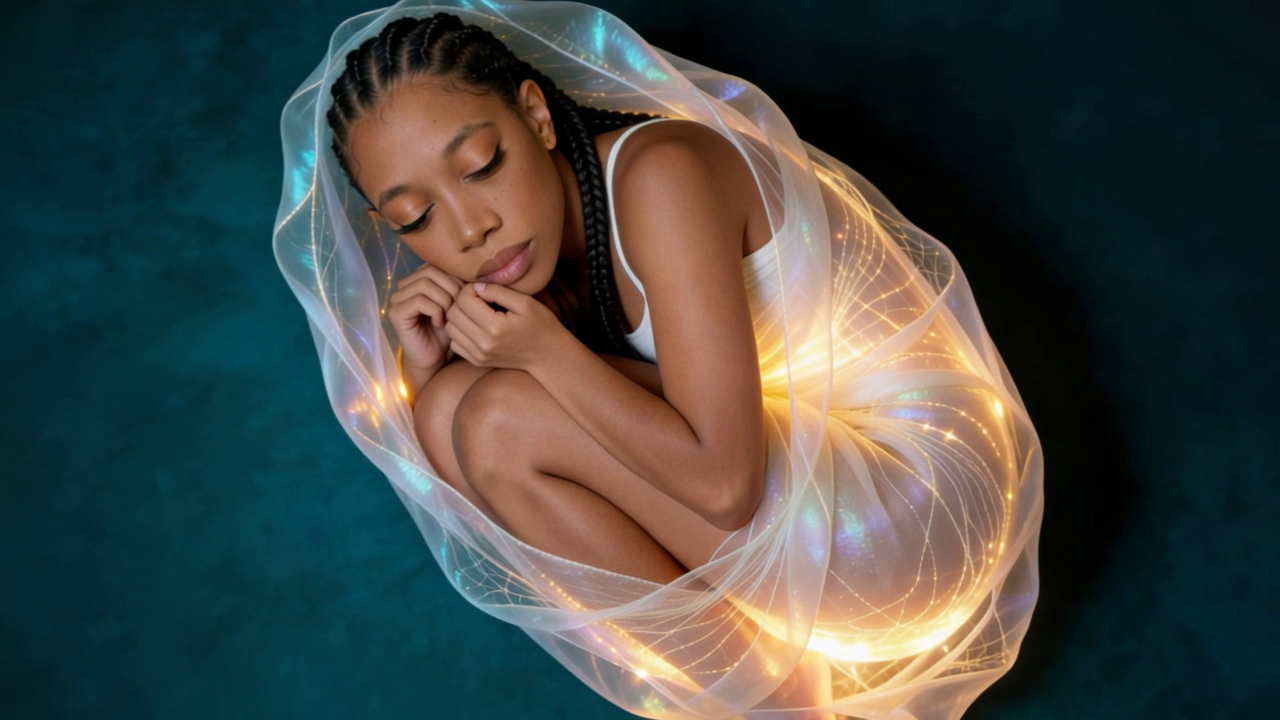 Blooming EP cocoon visualizer — the artist curled inside a luminous fiber-optic cocoon on emerald silk.