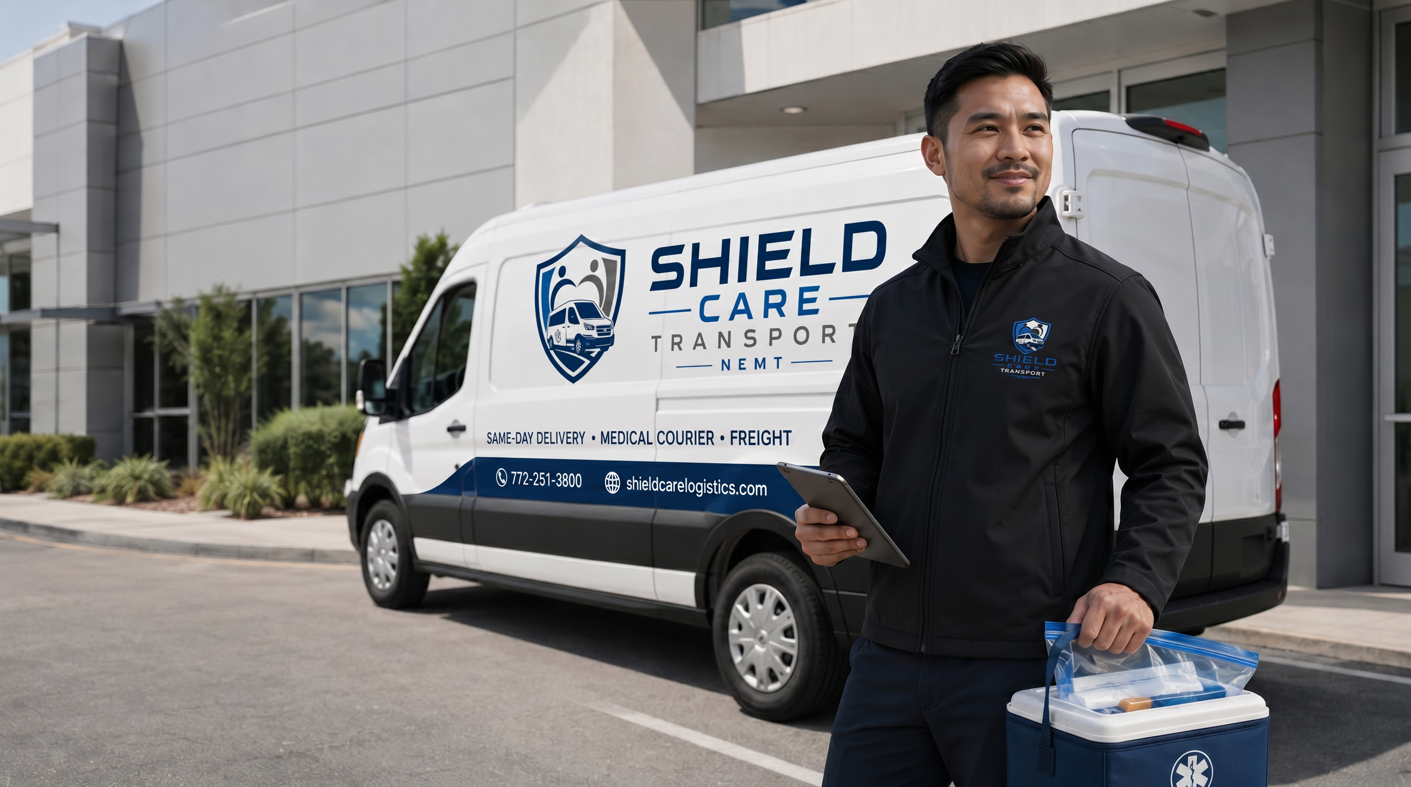 Shield Care Transport courier with a medical specimen cooler beside a branded Shield Care Transport van
