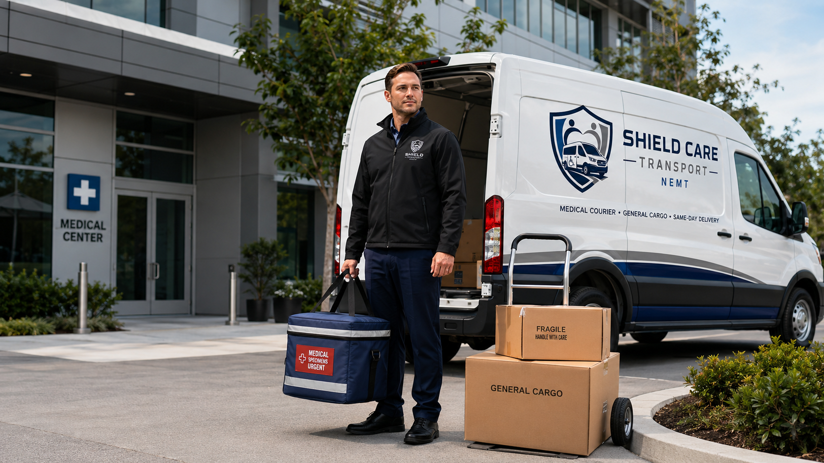 Shield Care Transport courier carrying urgent medical specimens with general cargo beside a branded Shield Care van