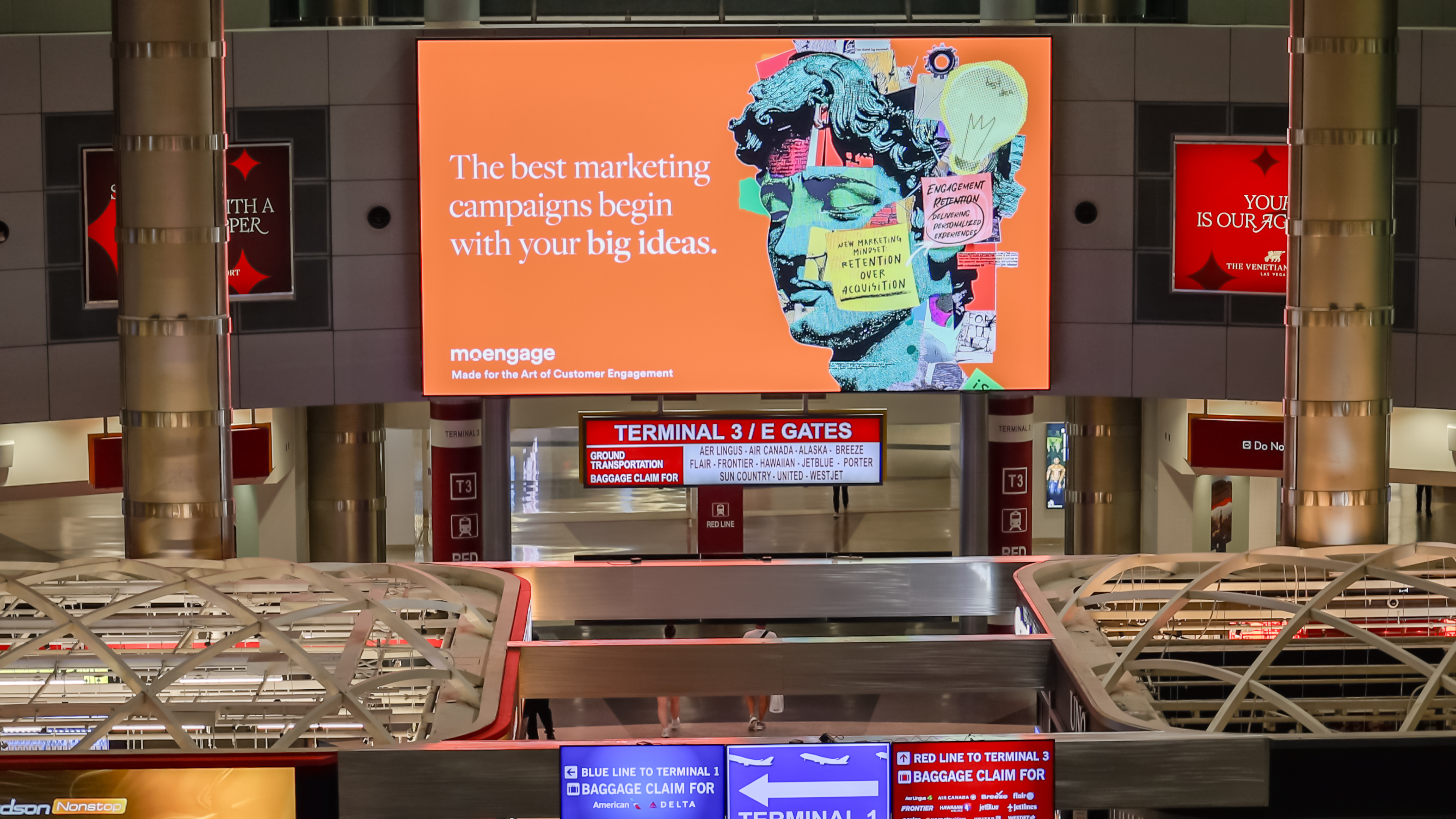 MoEngage airport terminal billboard near baggage claim in Las Vegas