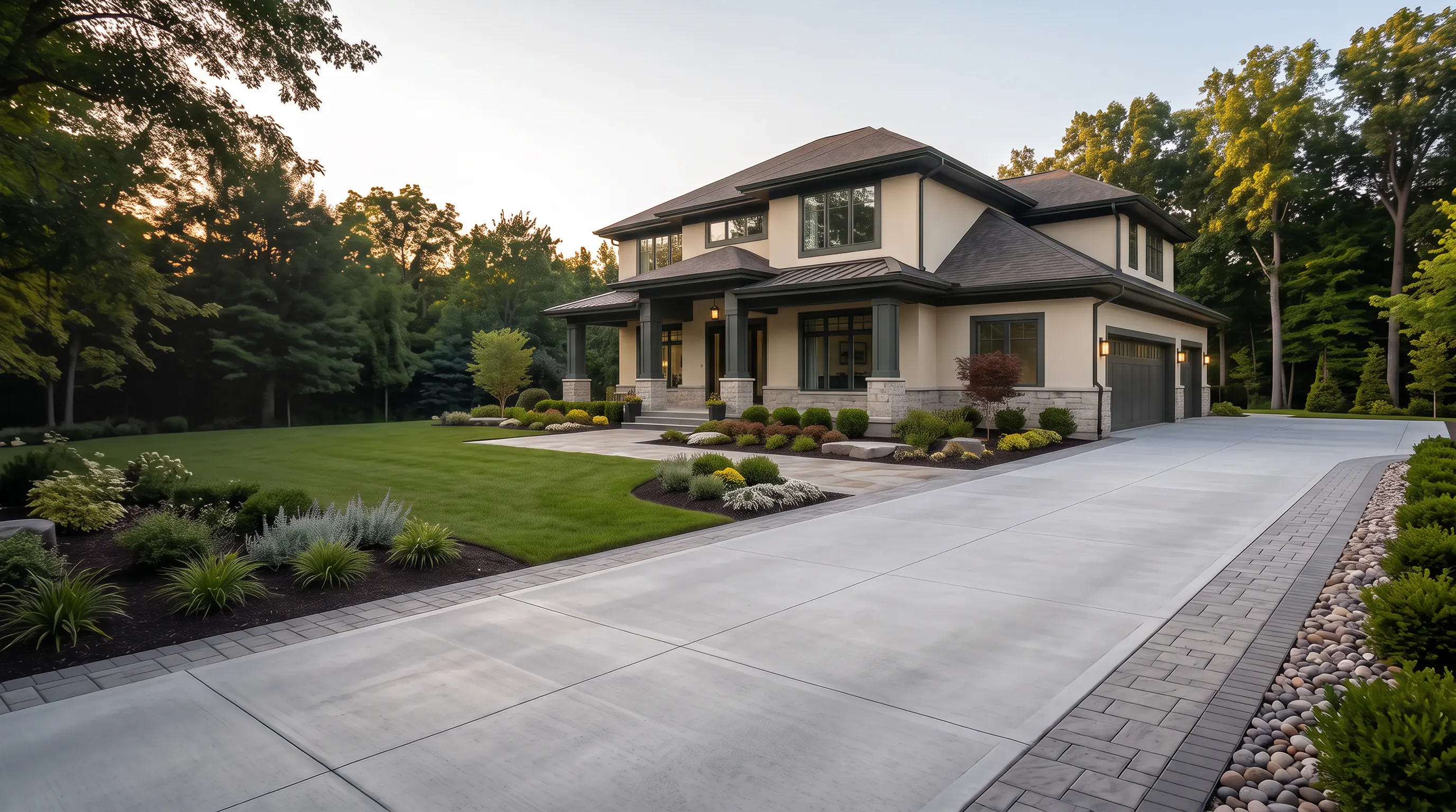 Pristine completed concrete driveway leading to a contemporary landscaped home