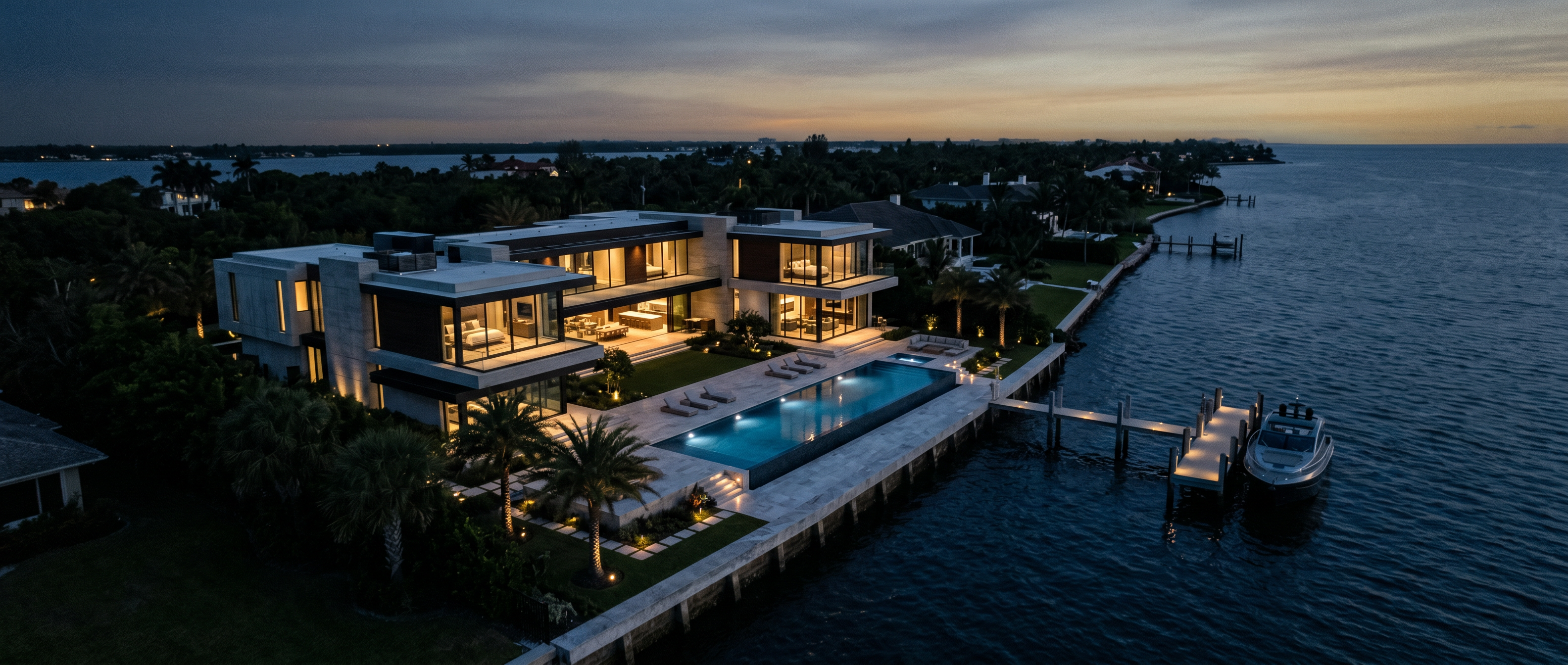 Aerial twilight view of an ultra-prime Florida waterfront estate