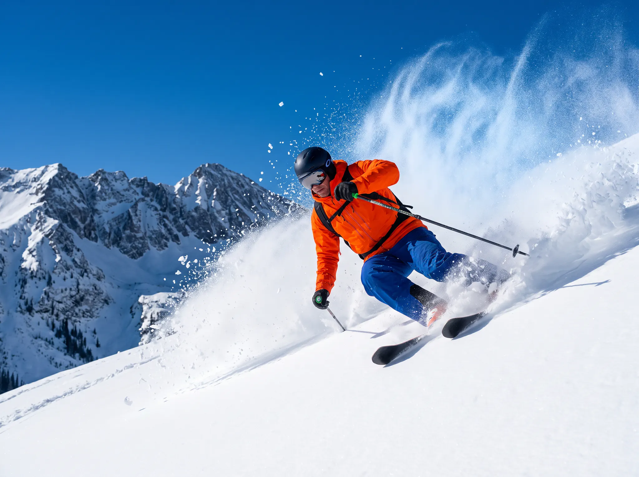 Skier carving through fresh mountain powder