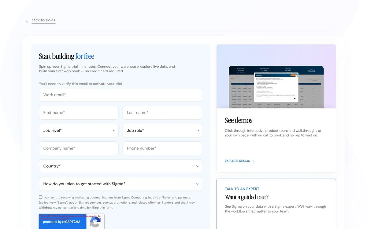 Sigma free trial landing page