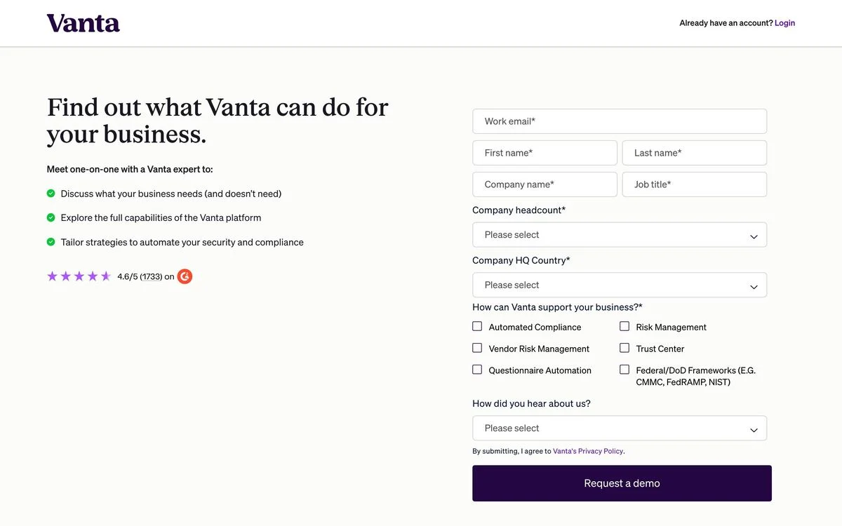 Vanta demo landing page