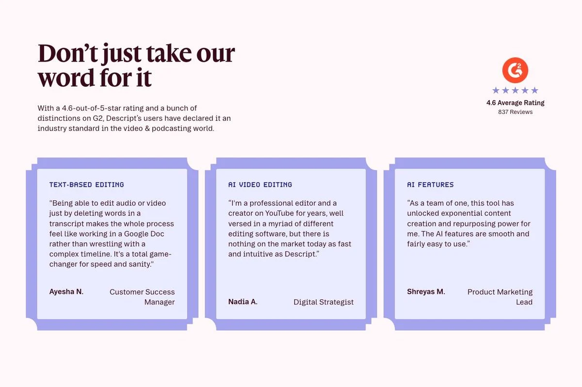 Descript rating and use-case quotes