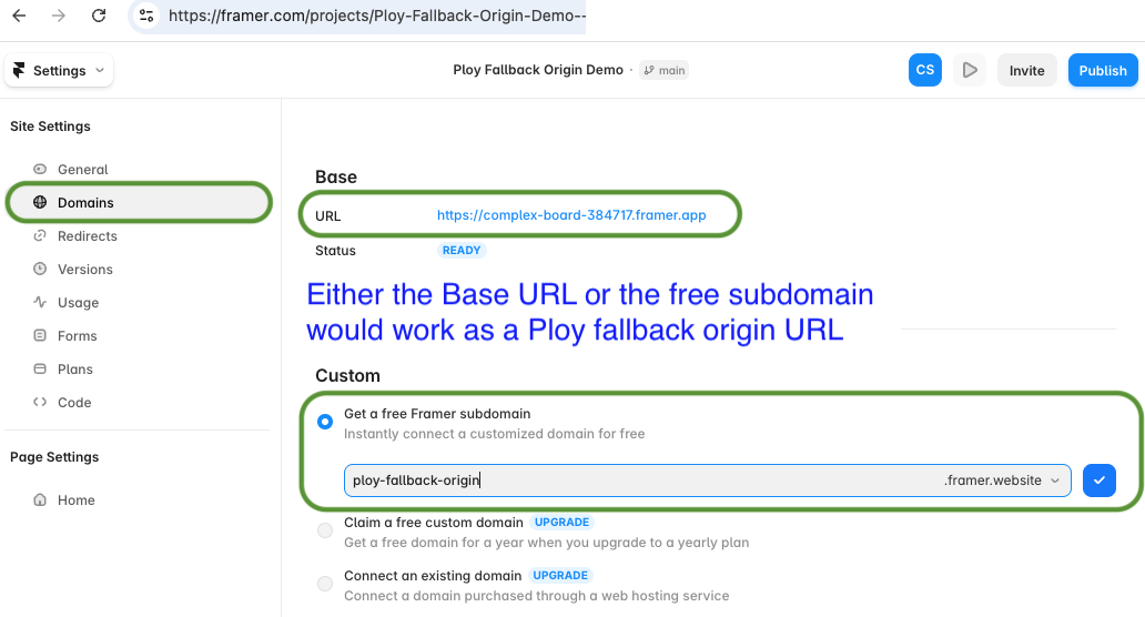 Framer Site Settings Domains panel showing the Base URL (a .framer.app link) and the free .framer.website subdomain option, either of which works as a Ploy fallback origin URL