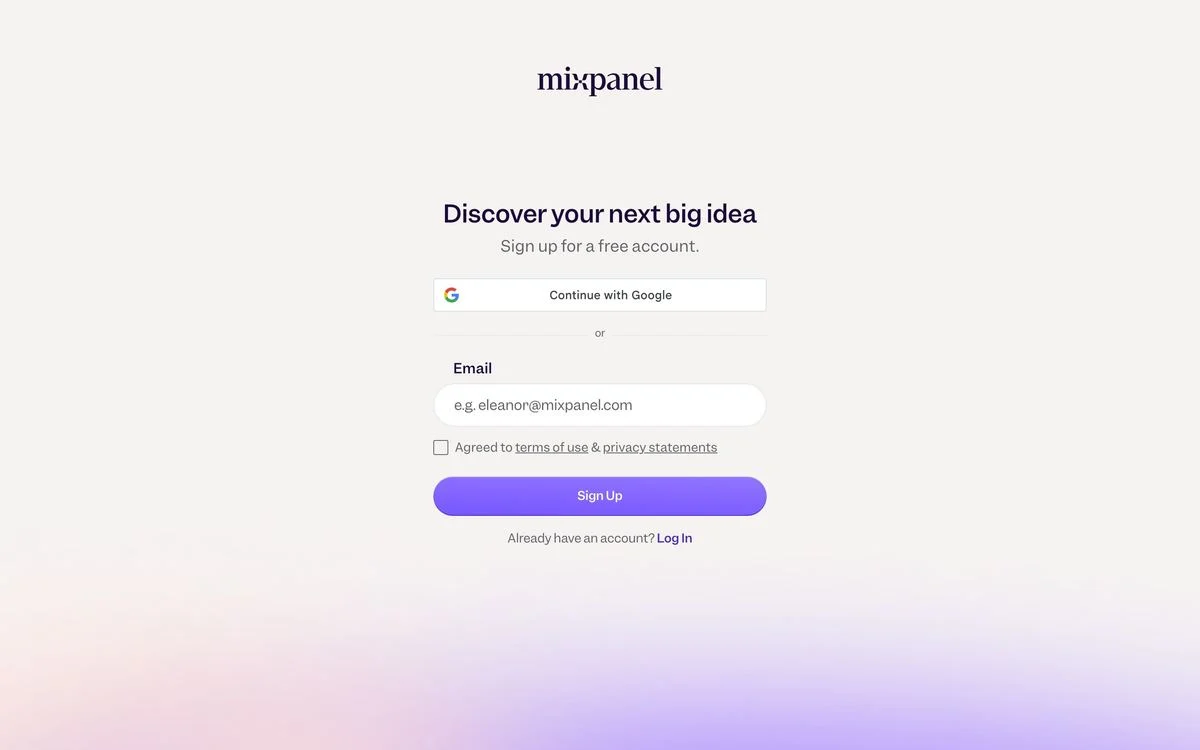 Mixpanel signup landing page