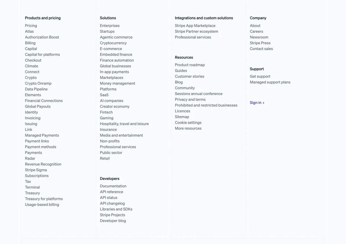 Stripe website footer