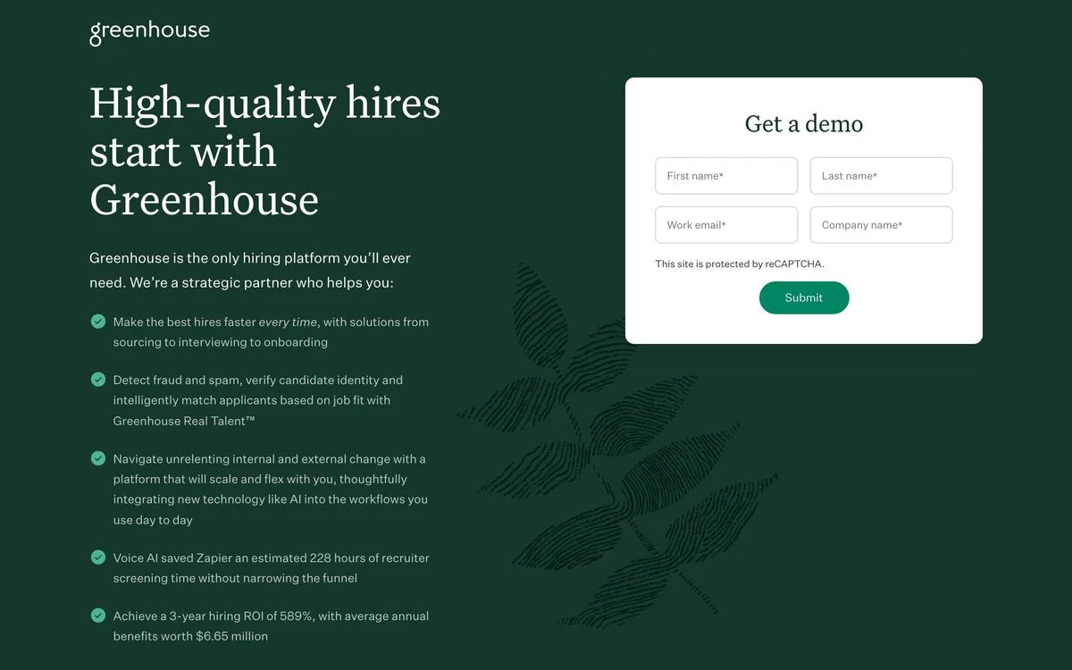 Greenhouse demo landing page