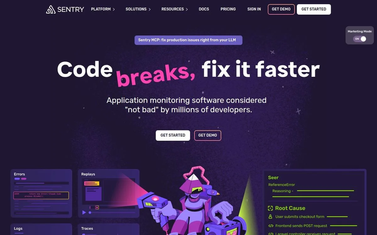 Sentry homepage