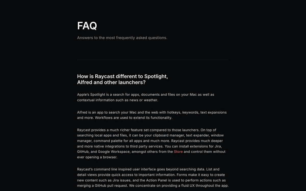Raycast FAQ page