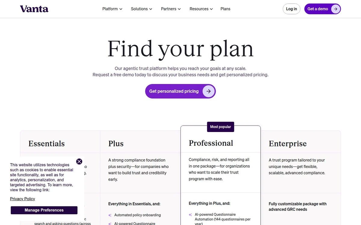 Vanta pricing page