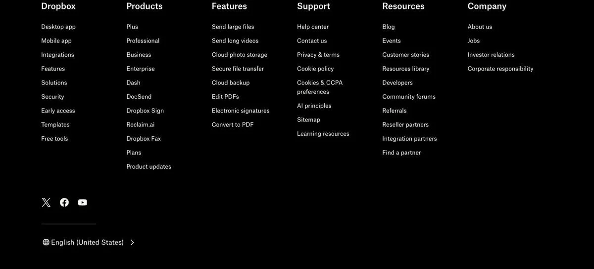Dropbox website footer
