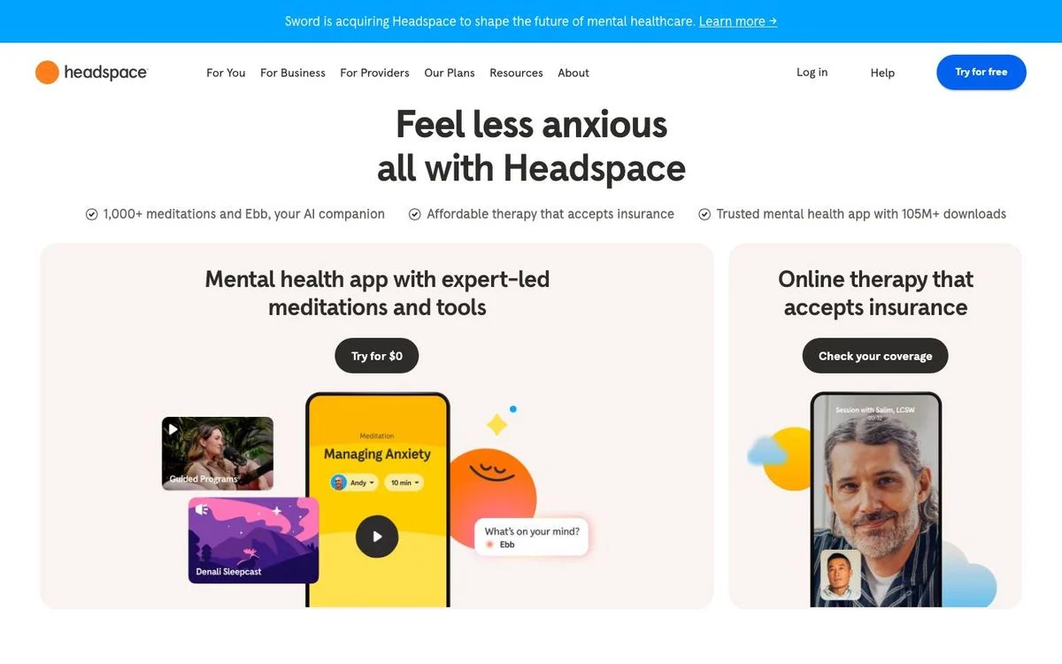 Headspace homepage layout