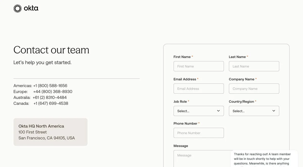 Okta contact page