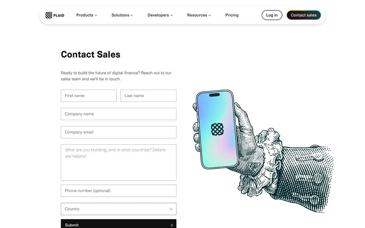 Plaid contact sales landing page