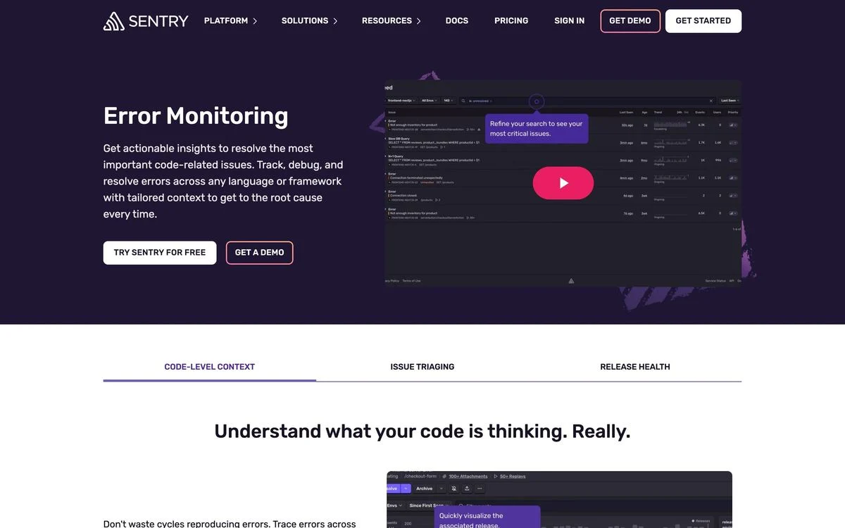 Sentry error monitoring landing page