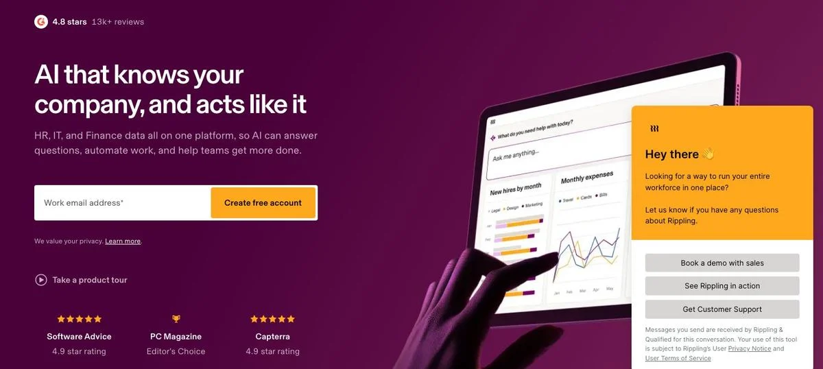 Rippling rating badges beside the signup field