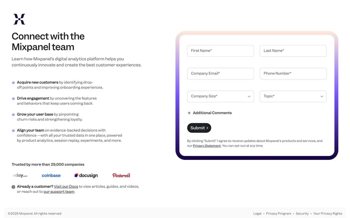 Mixpanel contact page