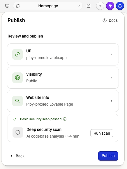Lovable Review and publish panel showing the project URL (ploy-demo.lovable.app), Public visibility, website info, security scan status, and the Publish button